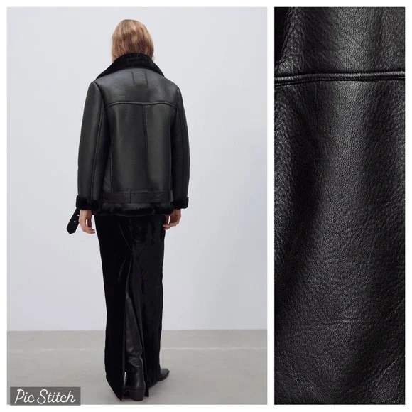 Zara Black Faux Leather Shearling Biker Jacket - Picture 7 of 16
